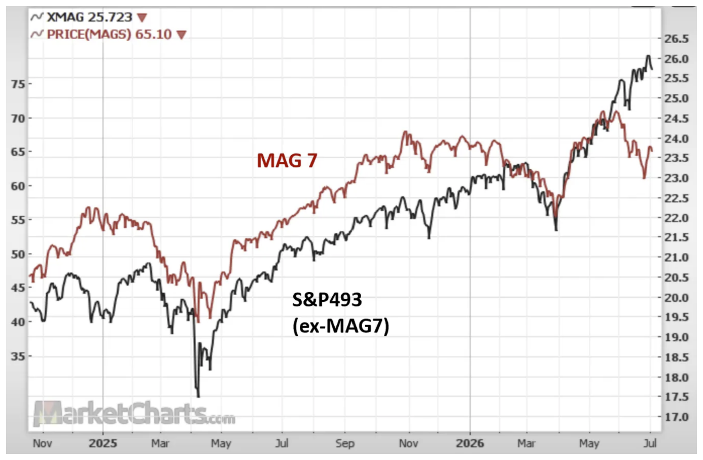 “Magnificent 7” stocks versus the remaining 493 stocks in the S&P 500 Index.